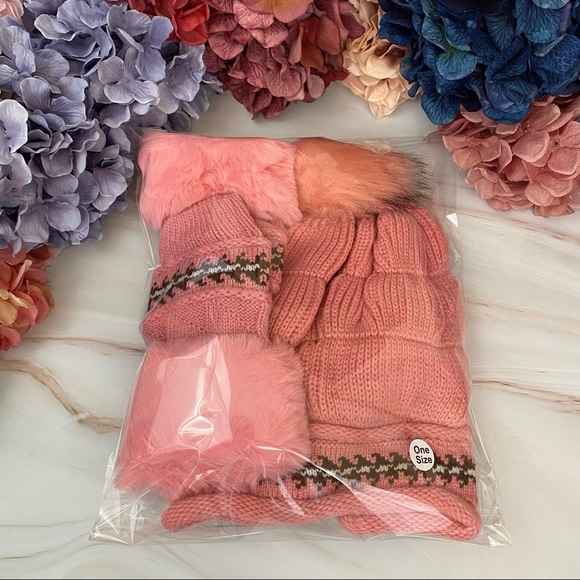 Chic Pink Fleece Lined Beanie with Fur Pom Poms & Fingerless Gloves - Picture 16 of 16